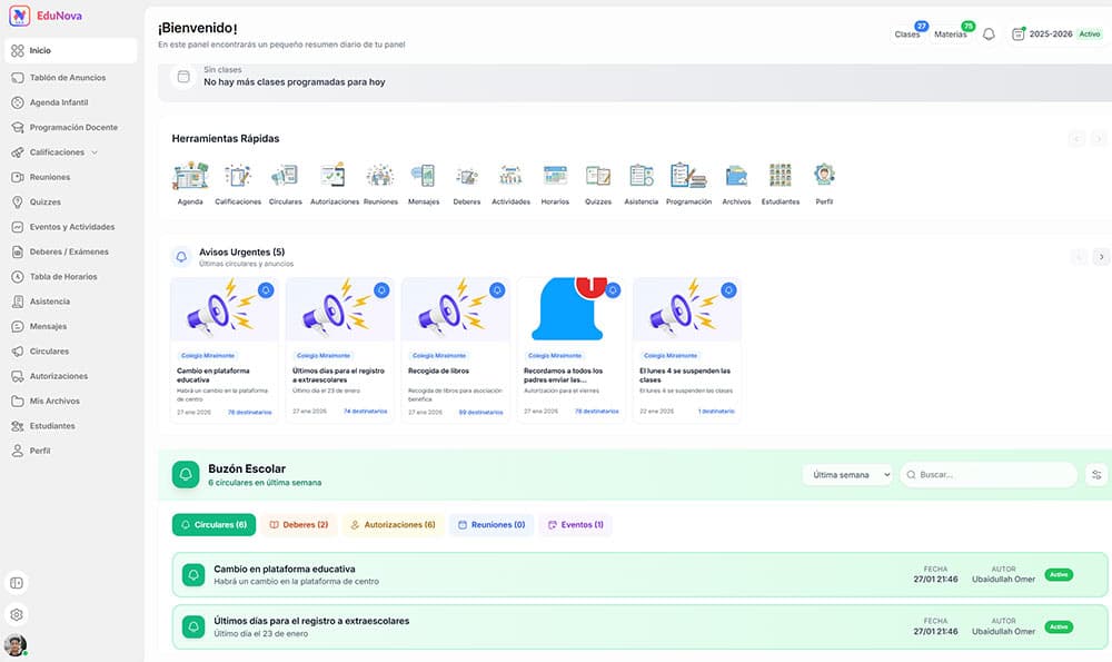 Panel de control principal EduNova - Suite educativa con IA para colegios